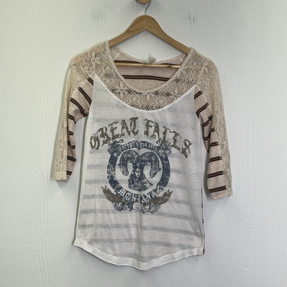 Free People - We The Free Great Falls Montana Stripe Lace Graphic Top Size Small - Picture 9 of 12
